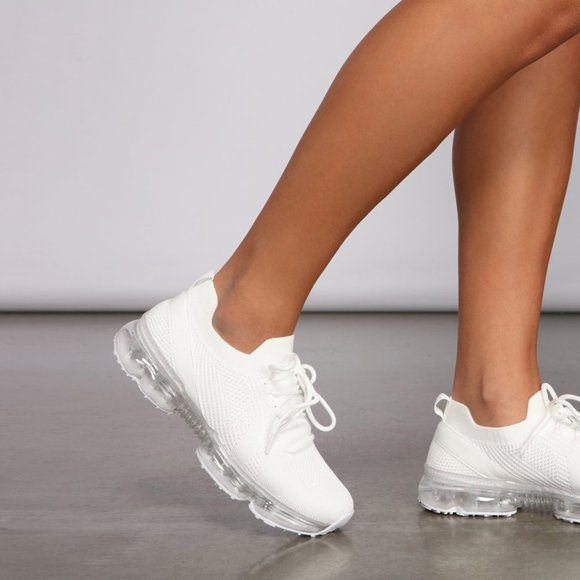NEW🔥White Lace-Up Stretch Knit Clear Bubble Air Cushion Sneaker Running/Walking - Picture 5 of 10